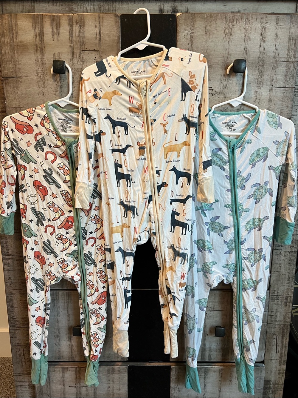 Caden Lane Cream and Blue Printed Baby Zip Rompers Set